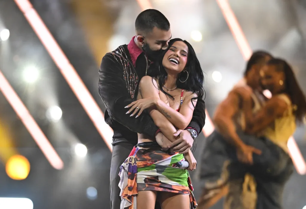 Becky G and Manuel Turizo perform onstage.
ROBYN BECK, AFP Via Getty Images